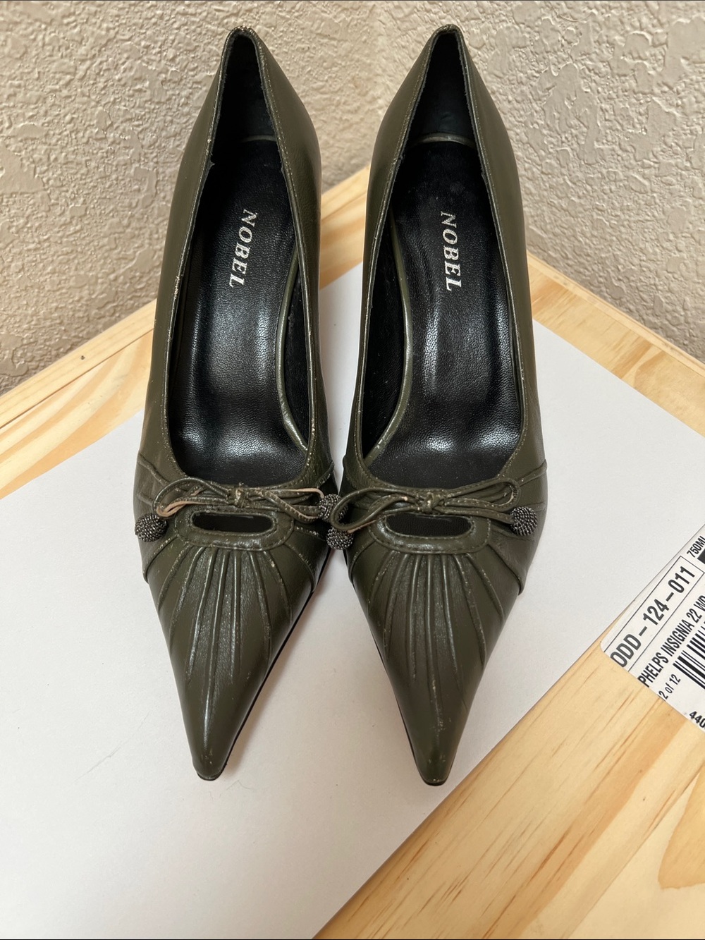 Nobel Olive Green Pointed Toe Pumps with Bow Detail
